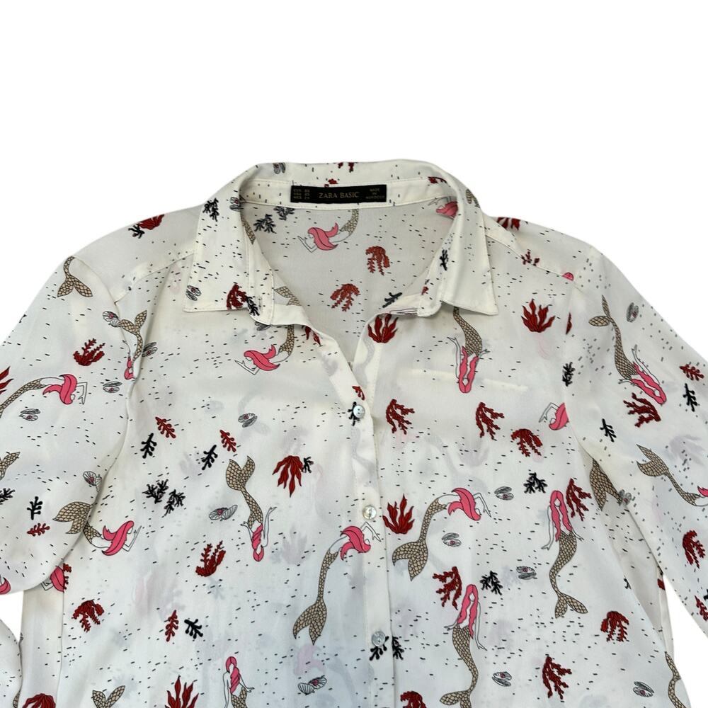 Zara Basics Mermaid Print Button Down Blouse Top … - image 3